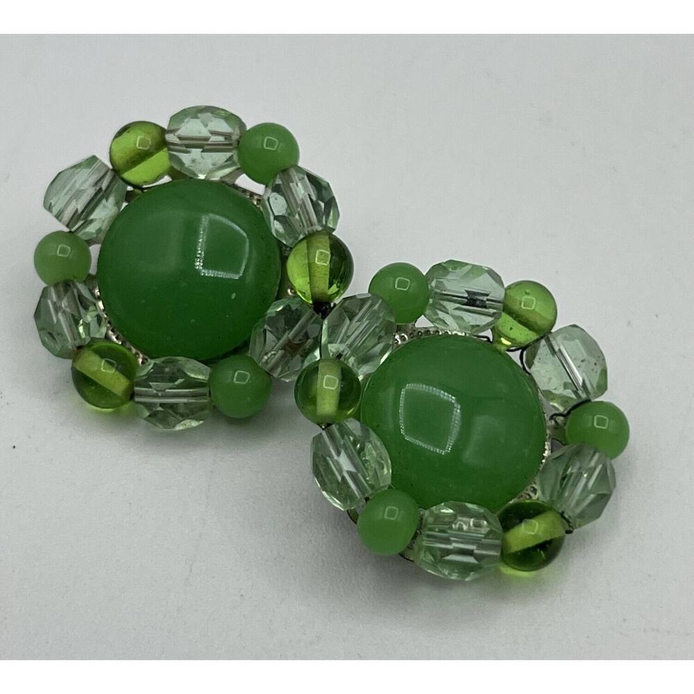Vtg Lime Green Beaded Button Earrings Clip On Jadeite 1" 1940s 1960s Chartreuse
